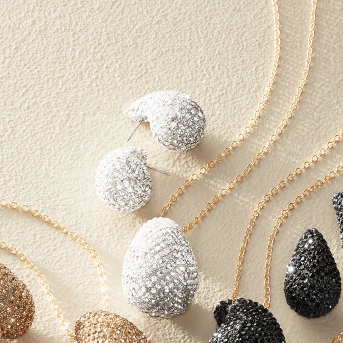 Pav&eacute; Crystal Round/Teardrop Necklace & Earring Set, Clear, large