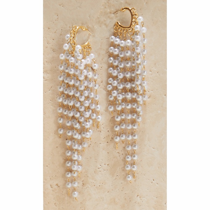 Faux-Pearl Tassel Hoops, , large