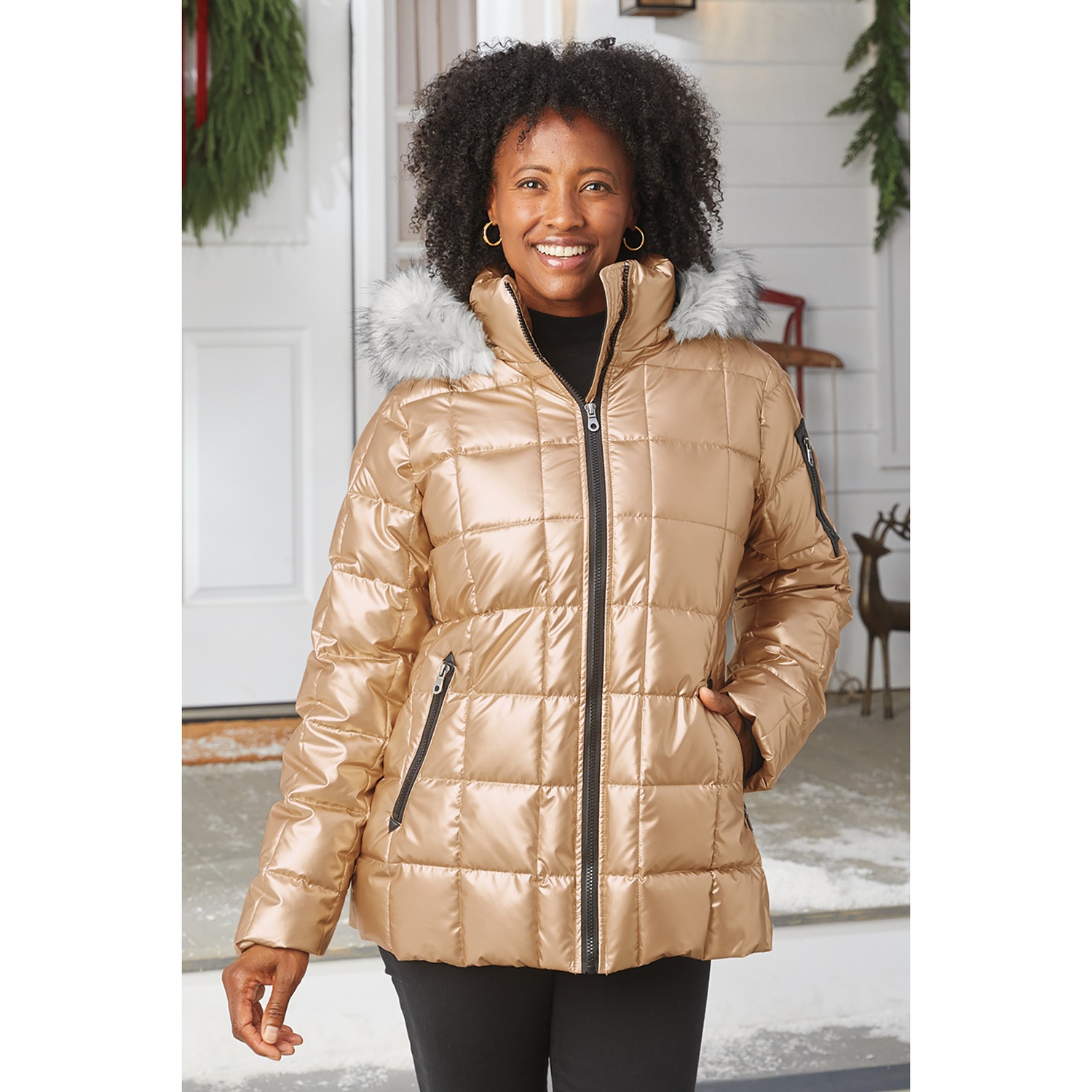 Mia Shiny Puffer Jacket with Faux-Fur Hood | Midnight Velvet