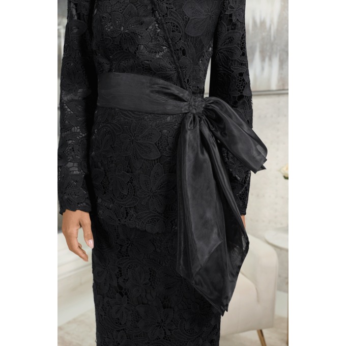 Larissa Lace-Over-Satin Midi Skirt Suit with Wrap Top and Bow Belt, , large