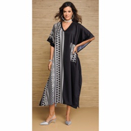 Nayla Long Half Tribal-Print Caftan with V-Neckline, , large
