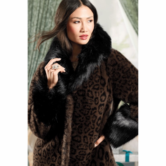 Carlotta Long Faux-Fur Coat, Brown Cheetah, large