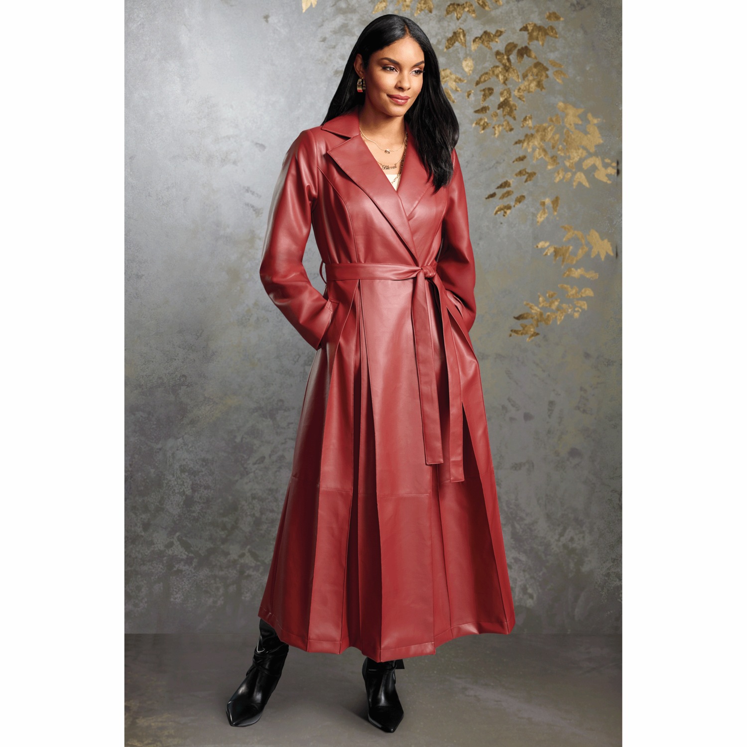 Leah Faux-Leather Women's Full-Length Trench Coat with Belt