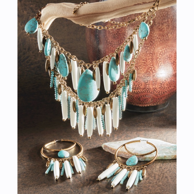 Southwest Faux-Stone Dangle Necklace & Earring Set, , large