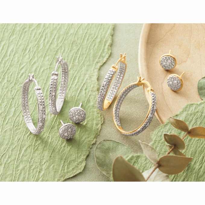 Diamond 2-Pair Post and Hoop Earring Set, , large