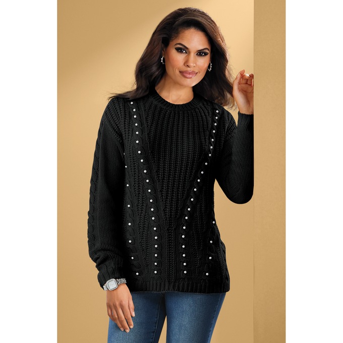 Leni Faux-Pearl Cable Knit Women's Sweater, , large