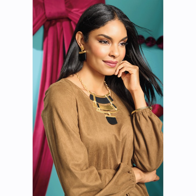 Metal/Faux-Leather Necklace & Earring Set, , large