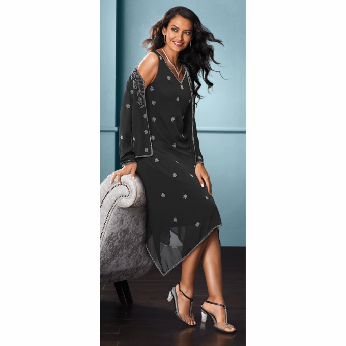 Brigid Beaded Jacket Dress, Black, large
