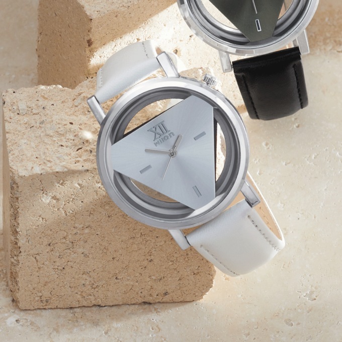 Triangle Face Watch with Leather Band, White, large