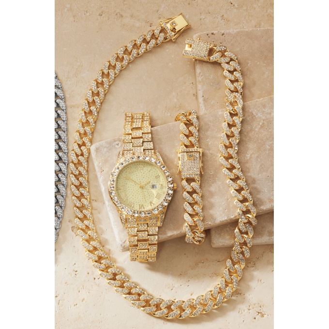 Men's Crystal Link Watch, Necklace & Bracelet Set, Goldtone, large