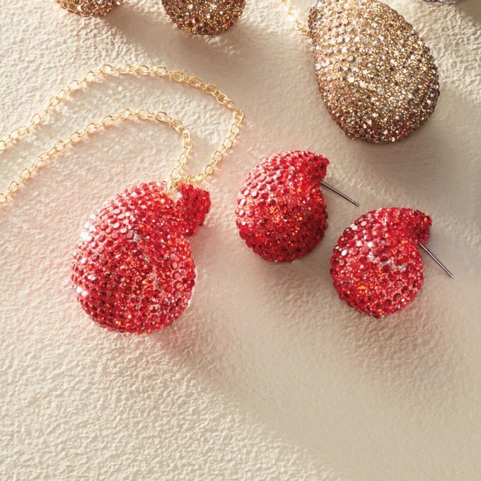 Pav&eacute; Crystal Round/Teardrop Necklace & Earring Set, Red, large