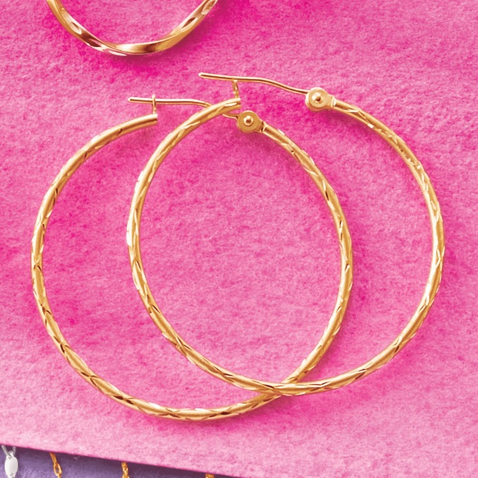 10K Gold Round Diamond-Cut Hoops, , large