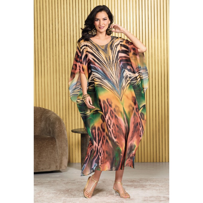 Luna Sheer Embellished Long Caftan with Boat Neckline, Multi, large