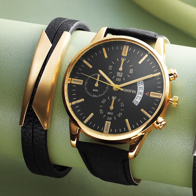 Men's Strap Watch & Bracelet Set, , large