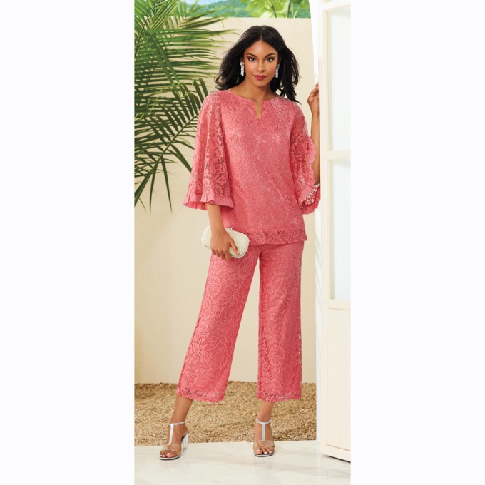 Lace Ruffle-Trim Pant Set, Tea Rose, large