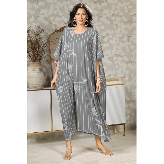 Taylor Faux-Pearl Embellished Long Caftan, Gray Multi, large