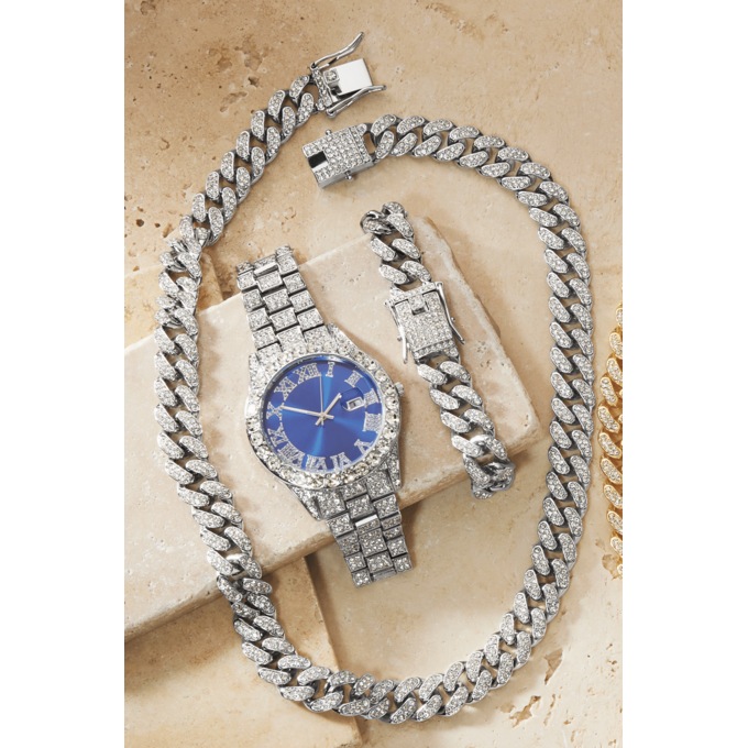 Men's Crystal Link Watch, Necklace & Bracelet Set, Silvertone, large