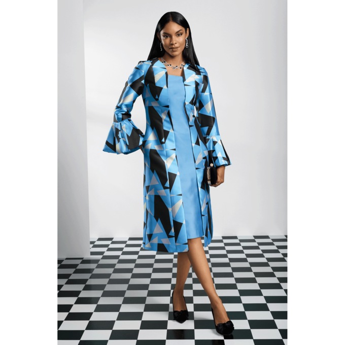 Rilette Faux-Jacket Illusion Dress with Geometric Print and Bell Sleeves, , large