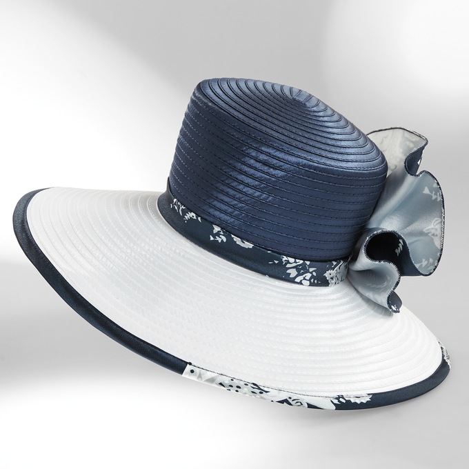Herena Wide-Brim Navy & White Ribbon Hat with Rosette – Elegant Women’s Derby or Church Hat with Adjustable Fit, , large