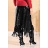 Textured Faux-Leather Fringe Skirt with Sharkbite Hem, Black, large