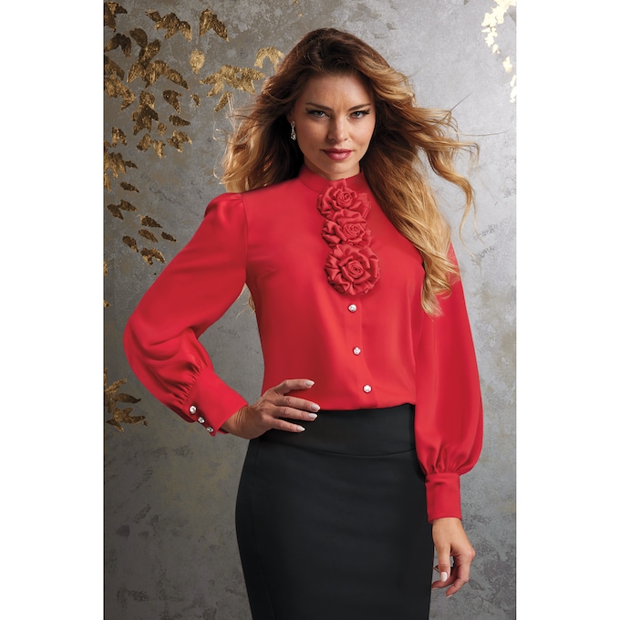 Rosa Removable Rosette-Pins  Women's Blouse with Rhinestone Buttons, , large
