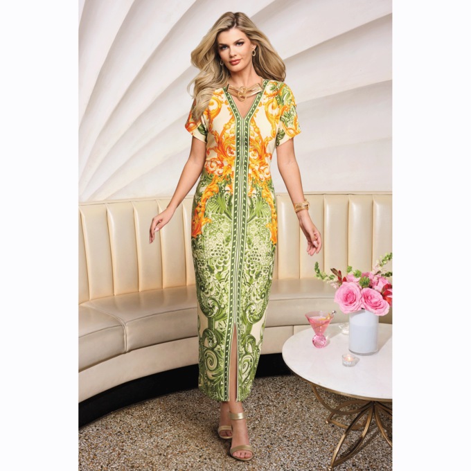 Simona Printed Maxi Dress with V-Neck and Front Slit, , large