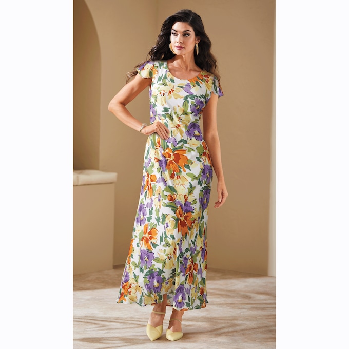 Makenzie Flowy Maxi Dress with Floral Pattern and Flutter Sleeves, White Multi, large