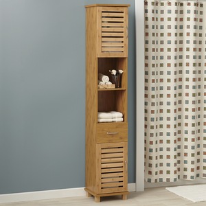 Bamboo-Finish Tall Towel Cabinet, , large