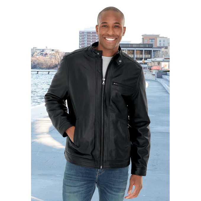 Sherpa-Lined Leather Coat, , large