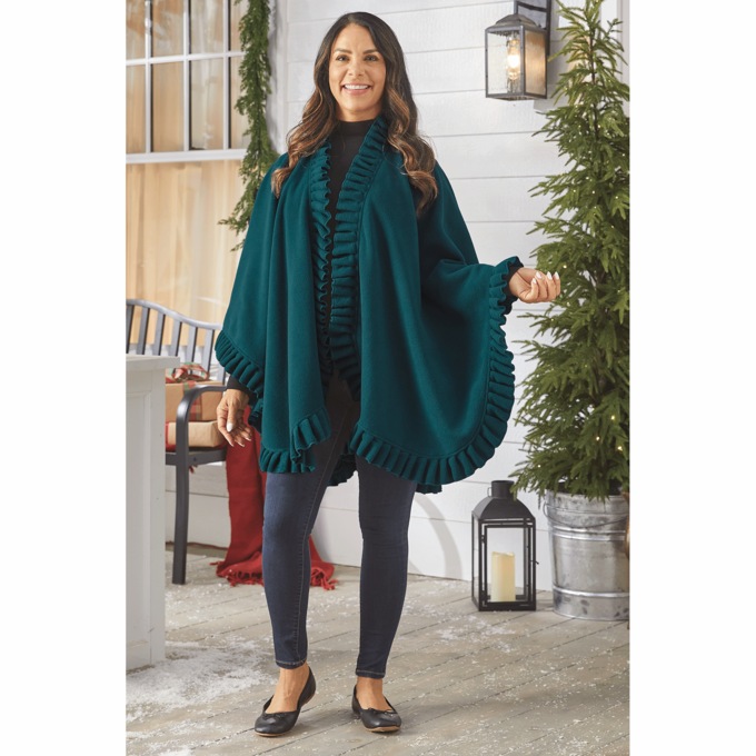 Warm Fleece Cape with Open Front and All-around Ruffle Trim, , large
