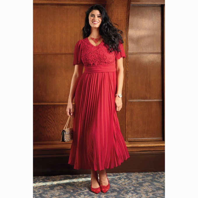 Lace-Bodice Flowy Pleated Maxi Dress with V-Neck and Flutter Sleeves, , large