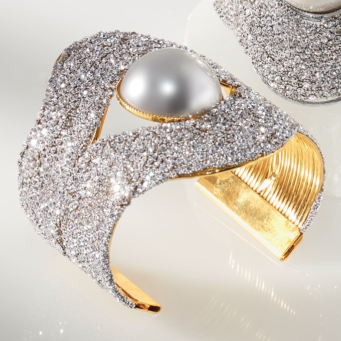 Faux Pearl & Crystal Wide Bangle, Goldtone, large
