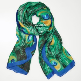 Silky Peacock-Feather-Print Scarf, , large