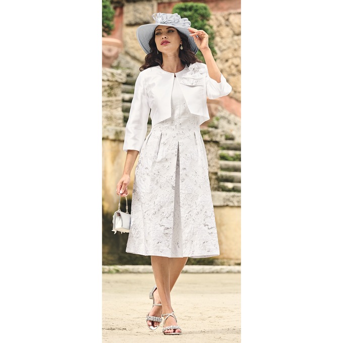Minna Metallic Brocade Dress with Cropped Jacket and Removable Bow Detail, , large