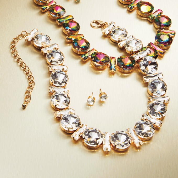 Crystal Round/Rectangular Strand Necklace & Earring Set, Clear, large