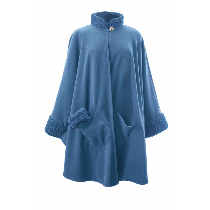 Sherpa-Trimmed Matching Fleece Cape with Gloves, Blue, large