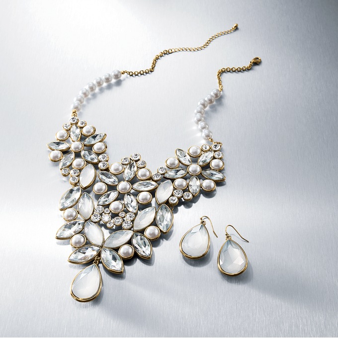 Crystal and Faux-Pearl Necklace and Earring Set, , large