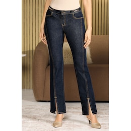 Slim Ankle-Slit Women&iacute;s Straight Stretch-Denim Jean with Horsebit Accents, , large