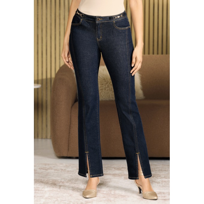 Slim Ankle-Slit Women&iacute;s Straight Stretch-Denim Jean with Horsebit Accents, , large