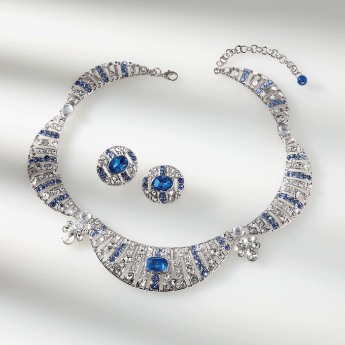 Blue Crystal Vintage-Style Necklace & Earring Set, Blue Clear, large