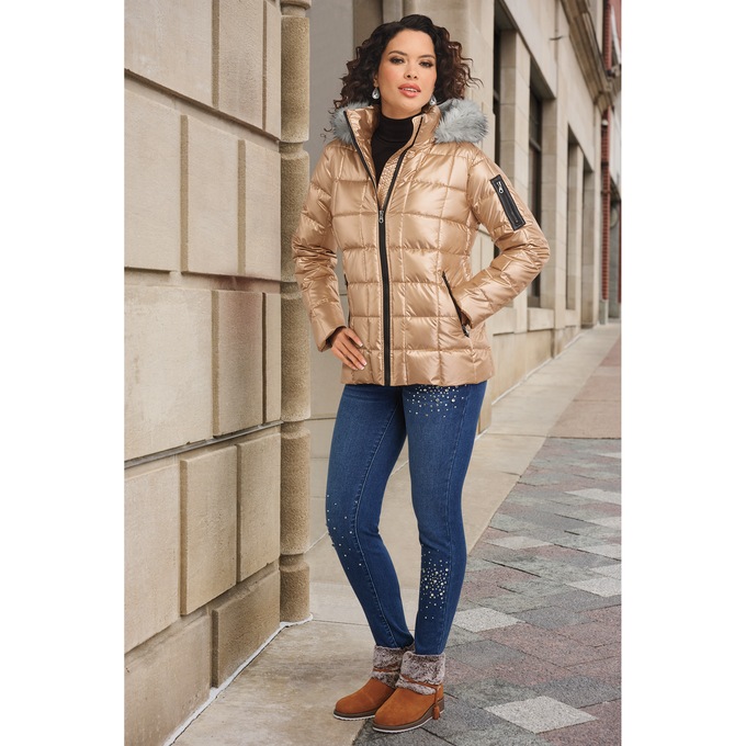 Mia Shiny Puffer Jacket with Faux-Fur Hood, Gold, large