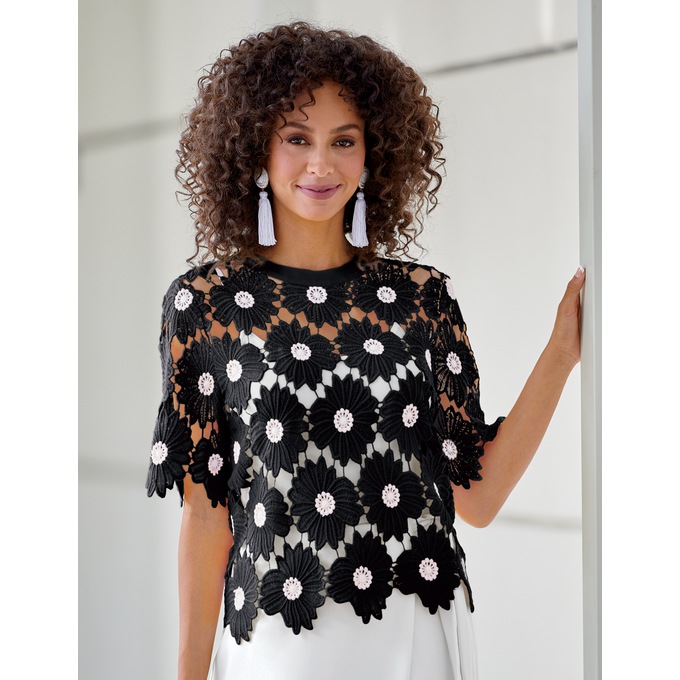 Floral-Pattern Lace Top, , large