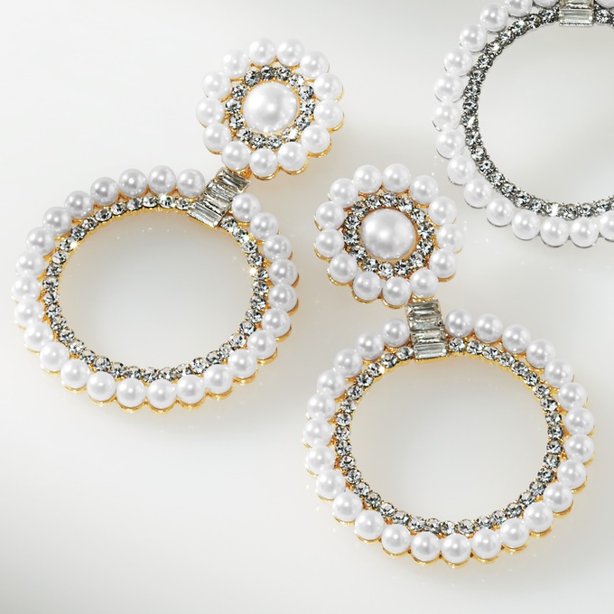 Faux Pearl Crystal Circle Drop Earrings, Goldtone, large