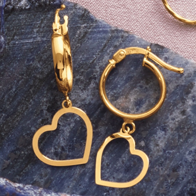 10K Gold Heart Dangle Hoops, , large