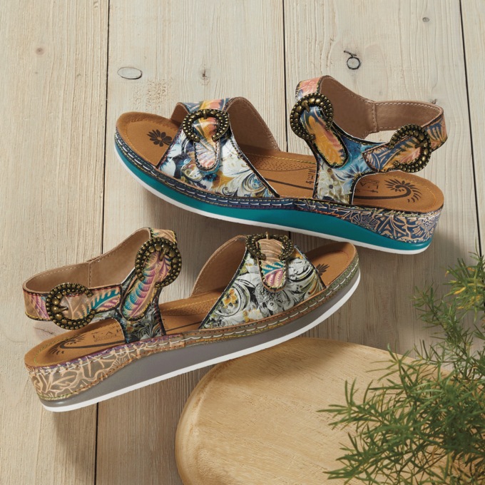 L'Artiste Offtrak Hand-Painted Leather Sandal with Low Heel and Adjustable Fit, , large