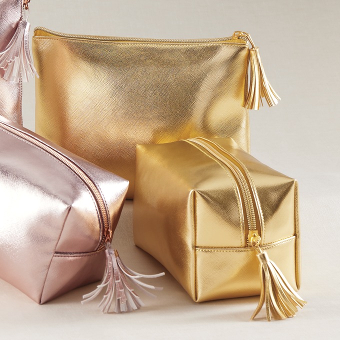 Set of 2 Metallic Faux Leather Makeup Bags for Travel, Gold, large