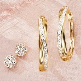 Diamond-Accented Large Hoops &amp; Post Earrings Set, , large
