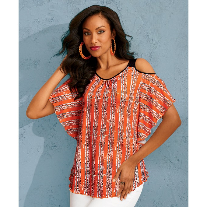 Chevron Knit Cold-Shoulder Top, , large