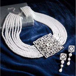 Faux Pearl Crystal Vintage Necklace and Earring Set, , large