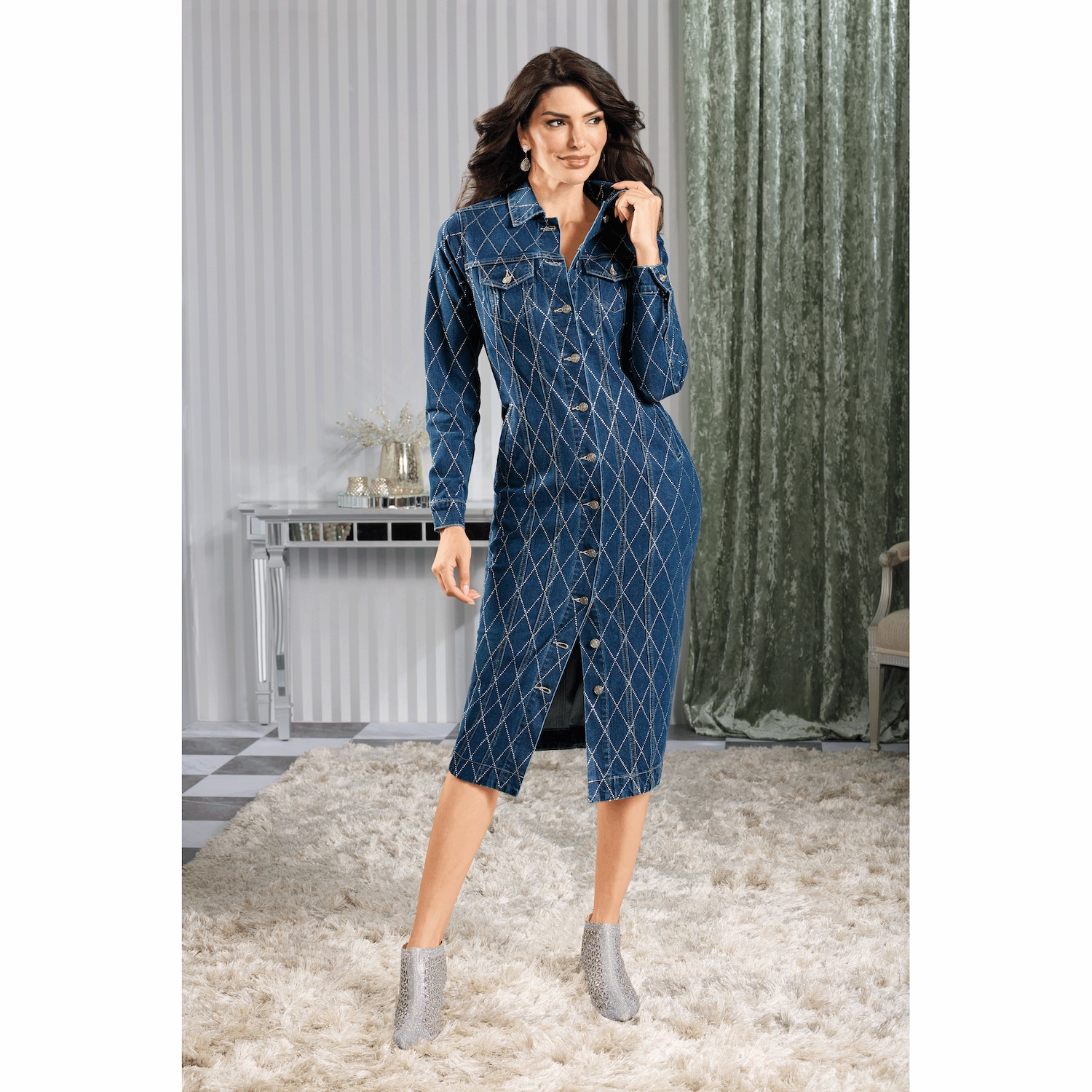 Diamond-Pattern Stretch-Denim Sheath Dress with Rhinestones for Women